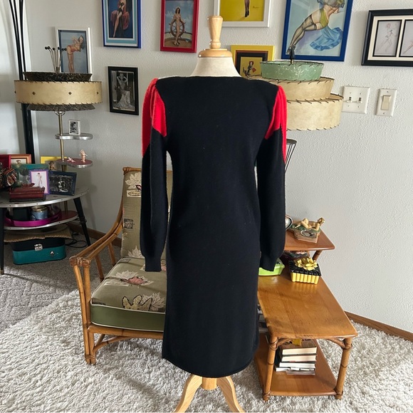 SOLD Vintage 1940s Style Dress Sweater Knit Black Red M L Pinup 40s 80s - Picture 4 of 5